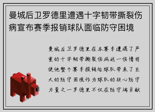 曼城后卫罗德里遭遇十字韧带撕裂伤病宣布赛季报销球队面临防守困境