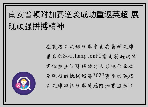 南安普顿附加赛逆袭成功重返英超 展现顽强拼搏精神