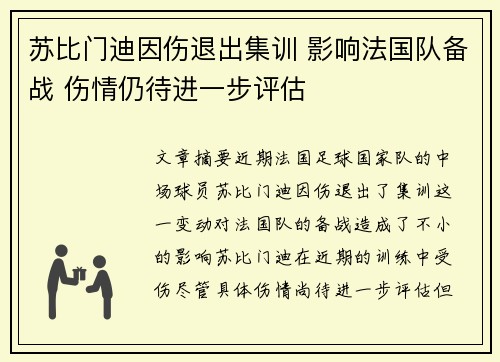 苏比门迪因伤退出集训 影响法国队备战 伤情仍待进一步评估